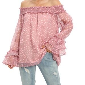 MSK Women Off the Shoulder Tops Long Sleeve Leopard Print